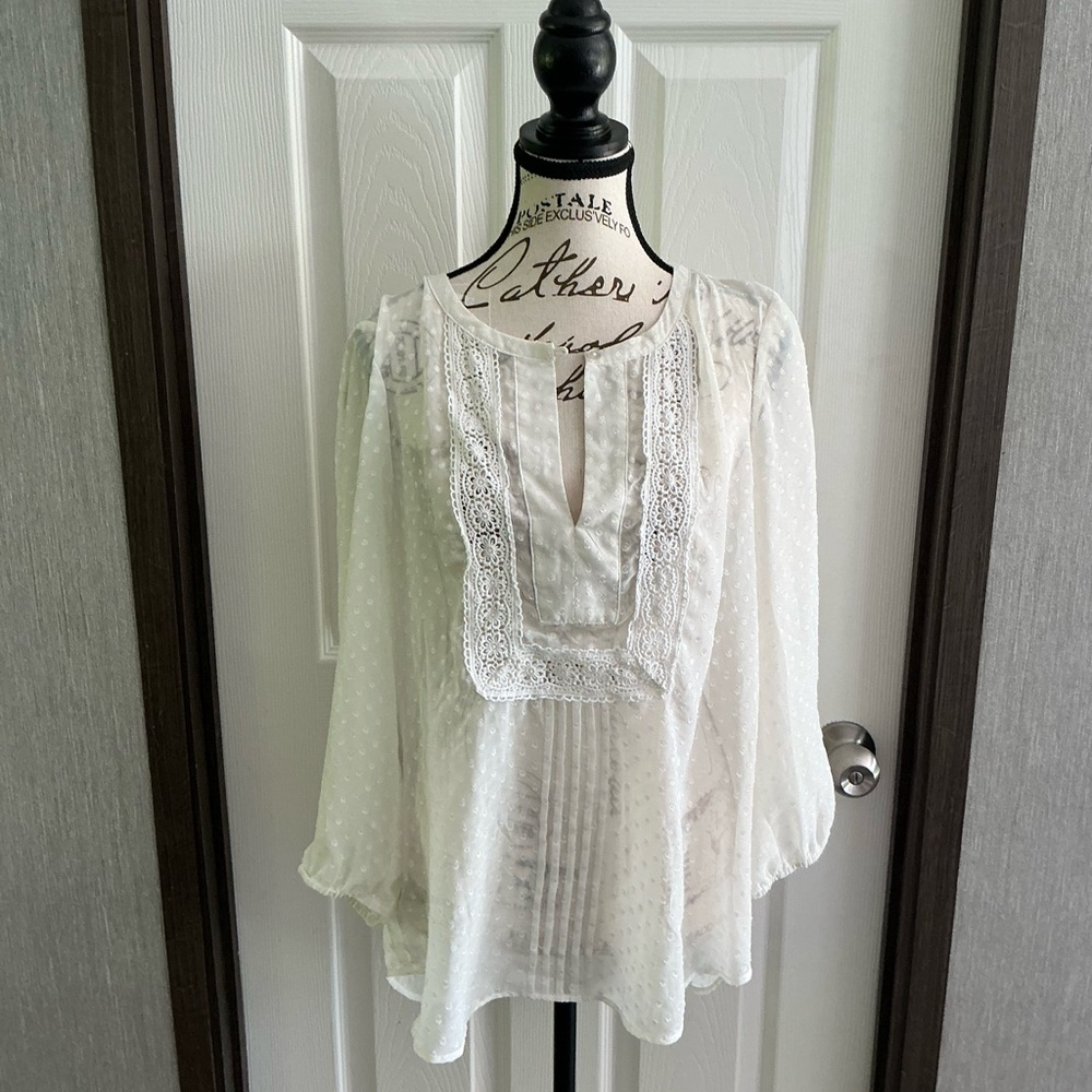 Daniel Rainn White Sheer Swiss Dot Lace Yoke Blouse